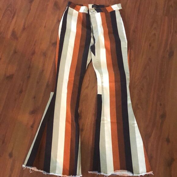 Halleln Cream orange brown high waisted bell bottom jeans stretch junior large - Picture 1 of 6